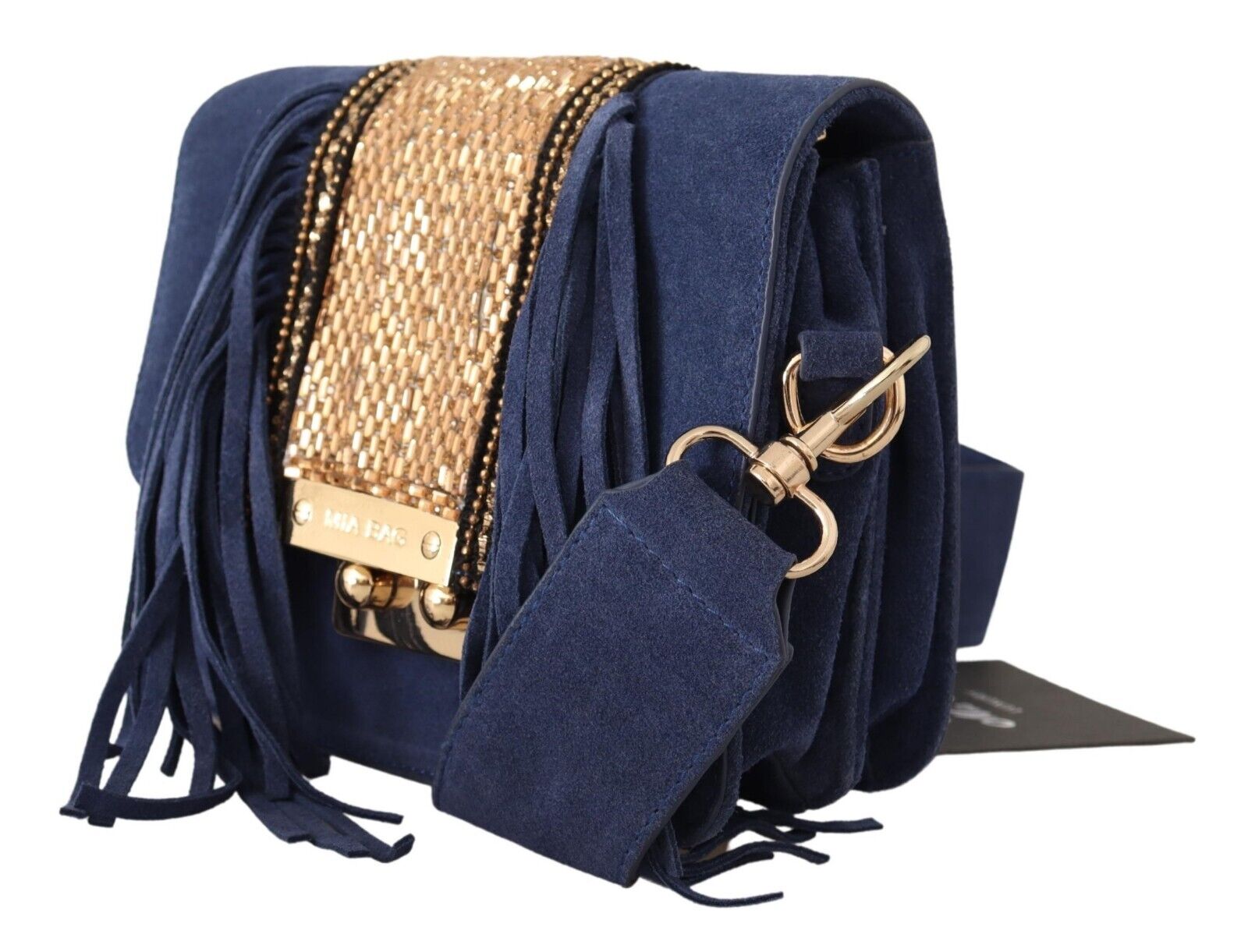 MIA Blue Suede Gold Applique Logo Shoulder Handbag Bag - Fizigo