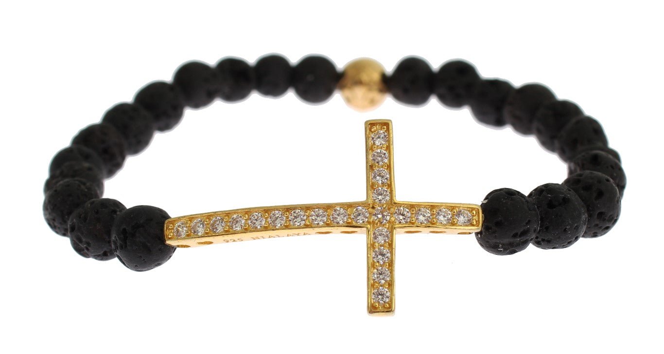 Nialaya Lava Stone Gold Clear CZ Cross 925 Silver Bracelet - Fizigo