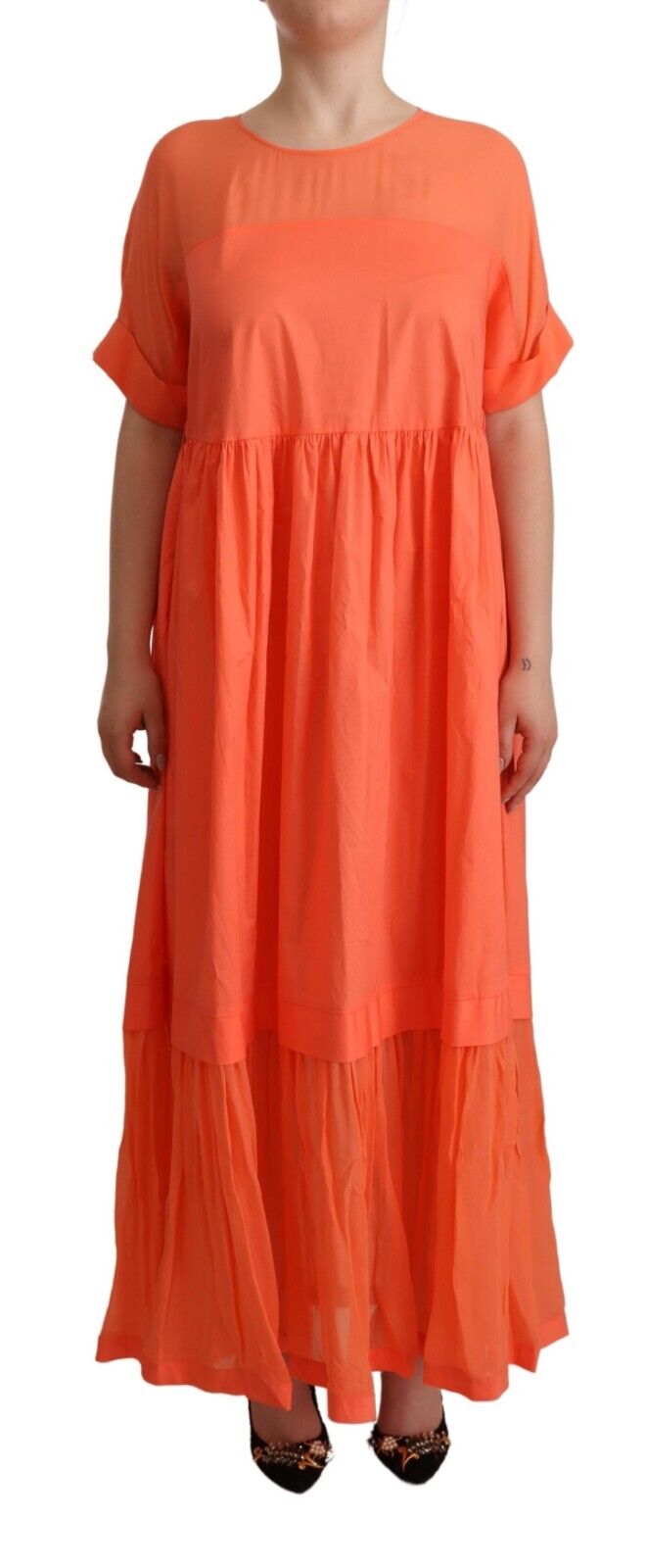 Twinset Coral Short Sleeves Cotton Maxi Shift Dress - Fizigo