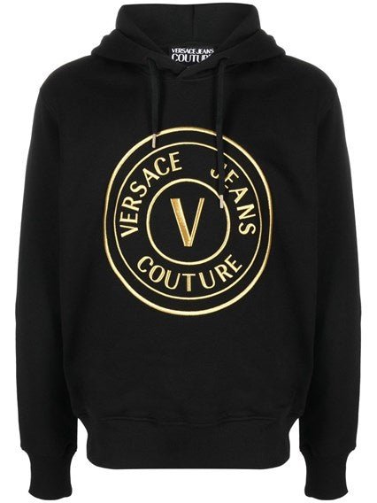 Versace Jeans Black Cotton Logo Details Hooded Sweatshirt - Fizigo